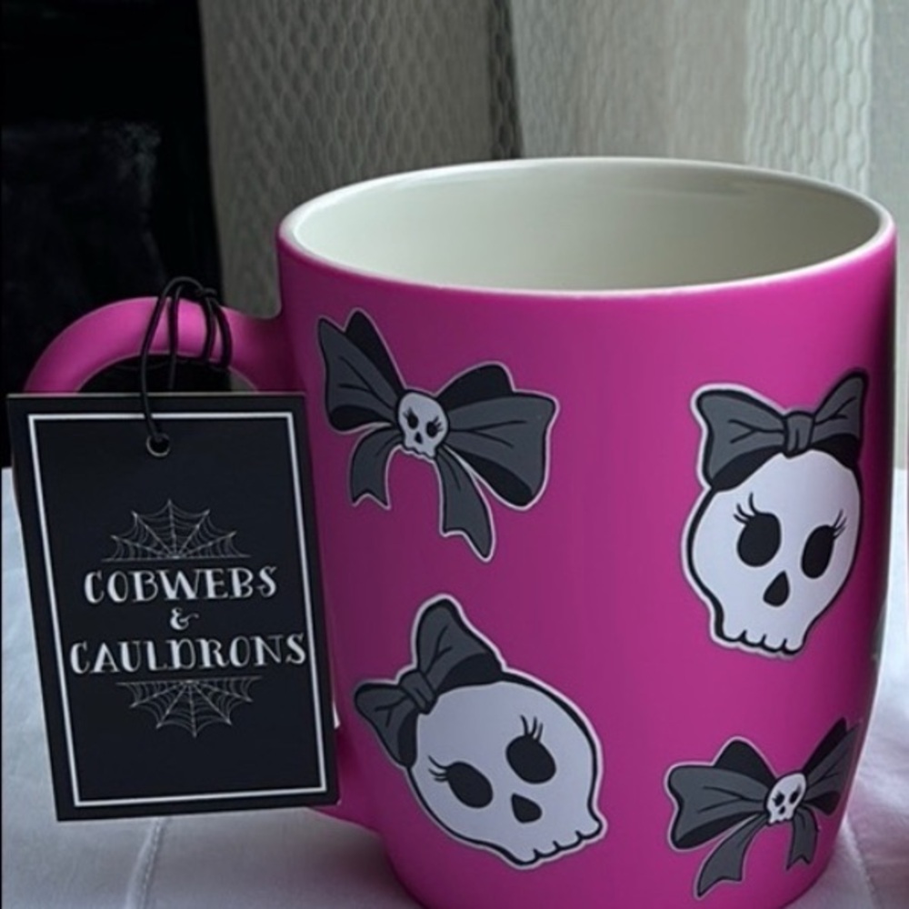 Cobwebs & Cauldrons Pink Skull Mug with Bows